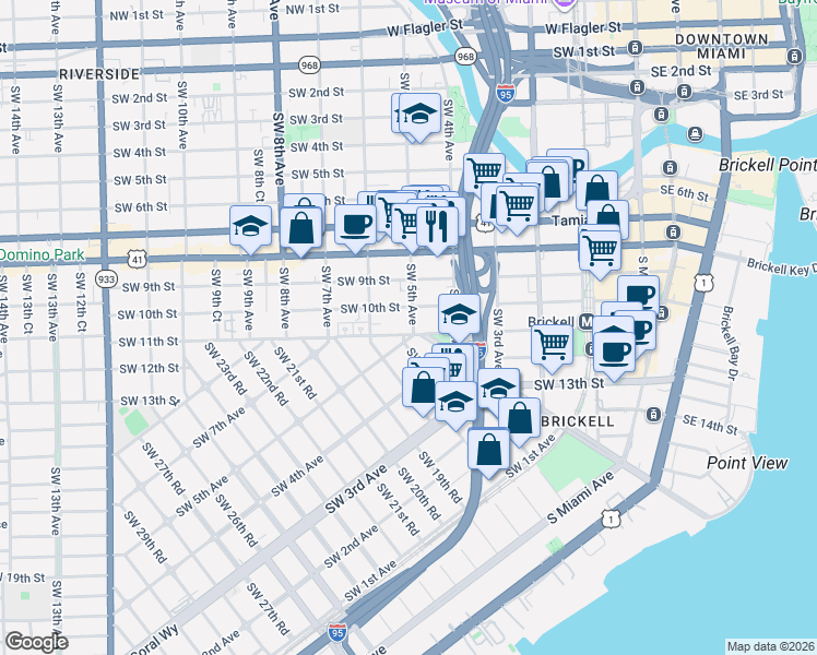map of restaurants, bars, coffee shops, grocery stores, and more near 480 Southwest 10th Street in Miami
