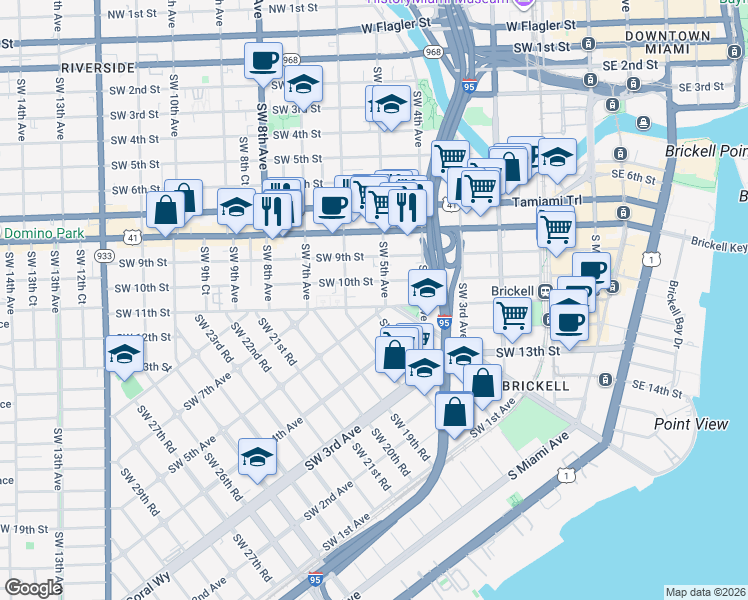 map of restaurants, bars, coffee shops, grocery stores, and more near 558 Southwest 10th Street in Miami