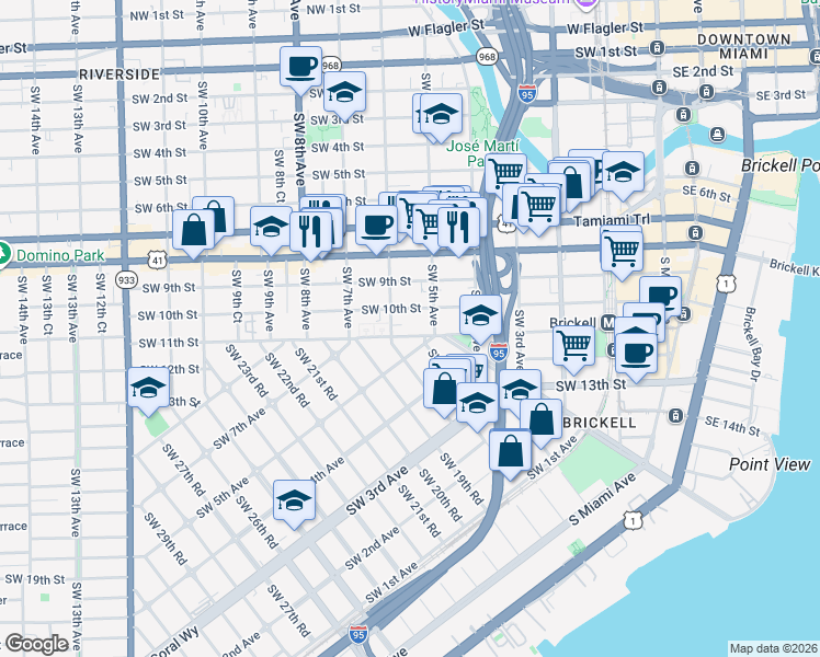 map of restaurants, bars, coffee shops, grocery stores, and more near 558 Southwest 10th Street in Miami