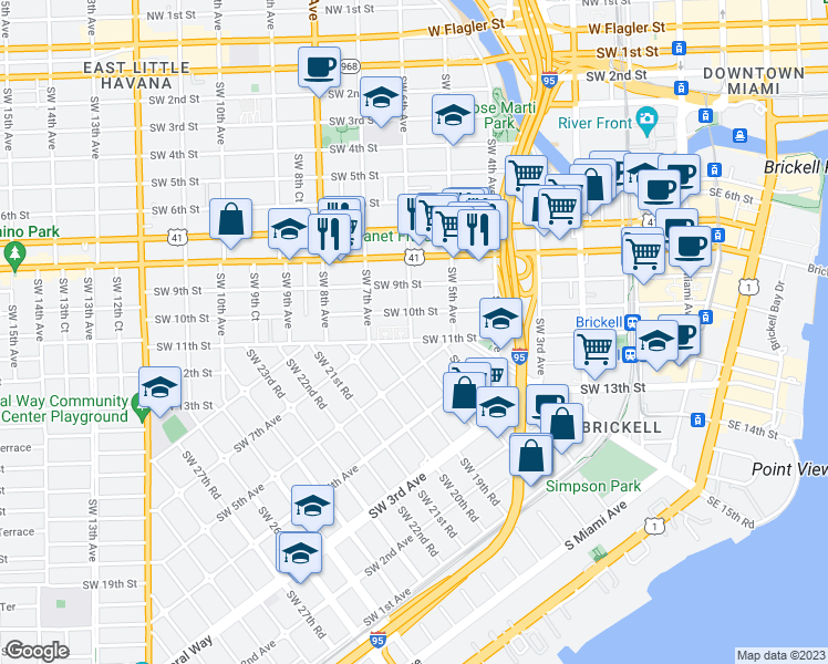 map of restaurants, bars, coffee shops, grocery stores, and more near 558 Southwest 10th Street in Miami