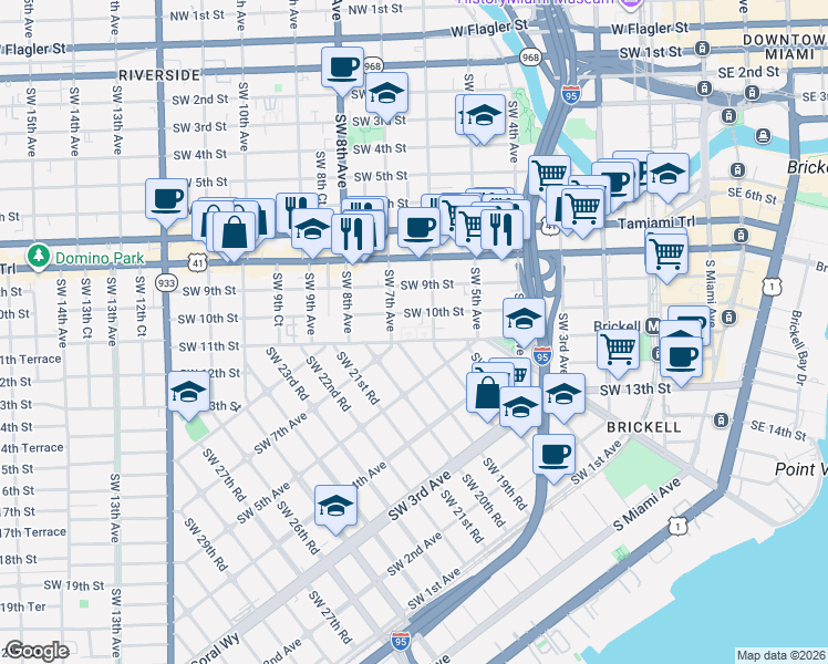 map of restaurants, bars, coffee shops, grocery stores, and more near 650 Southwest 10th Street in Miami