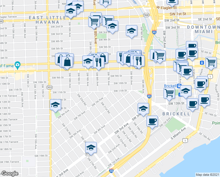 map of restaurants, bars, coffee shops, grocery stores, and more near 650 Southwest 10th Street in Miami