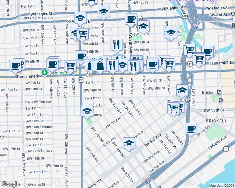 map of restaurants, bars, coffee shops, grocery stores, and more near 932 Southwest 10th Street in Miami