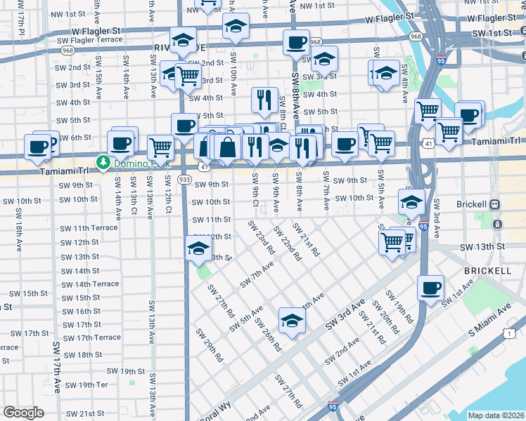 map of restaurants, bars, coffee shops, grocery stores, and more near 932 Southwest 10th Street in Miami