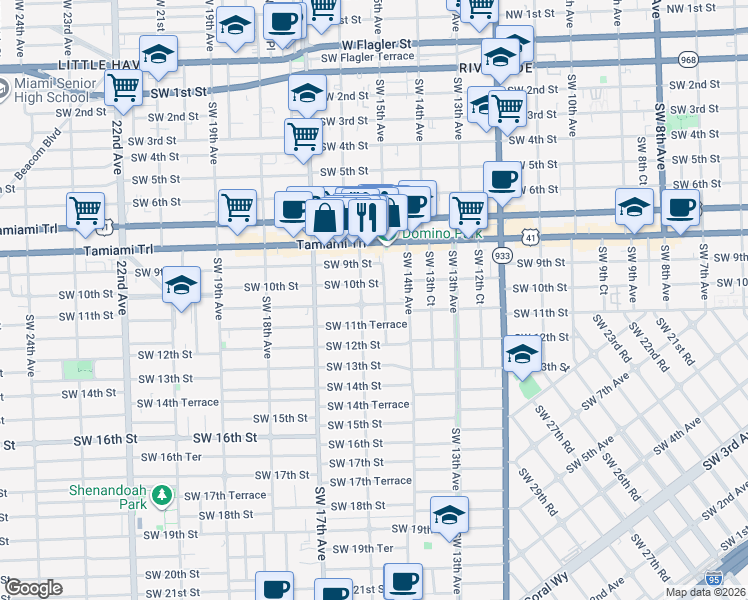 map of restaurants, bars, coffee shops, grocery stores, and more near 1520 Southwest 10th Street in Miami