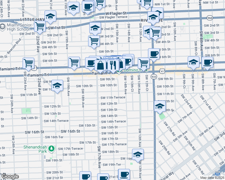 map of restaurants, bars, coffee shops, grocery stores, and more near 1520 Southwest 10th Street in Miami