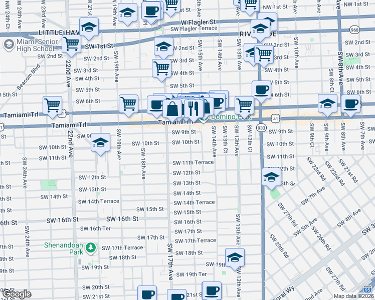 map of restaurants, bars, coffee shops, grocery stores, and more near 1526 Southwest 10th Street in Miami