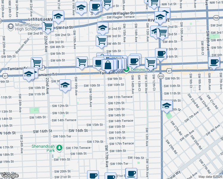 map of restaurants, bars, coffee shops, grocery stores, and more near 1644 Southwest 10th Street in Miami