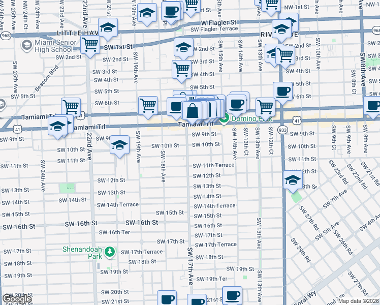 map of restaurants, bars, coffee shops, grocery stores, and more near 1644 Southwest 10th Street in Miami