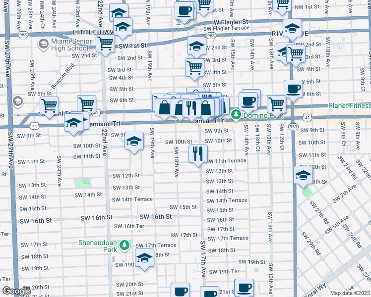 map of restaurants, bars, coffee shops, grocery stores, and more near 1724 Southwest 10th Street in Miami