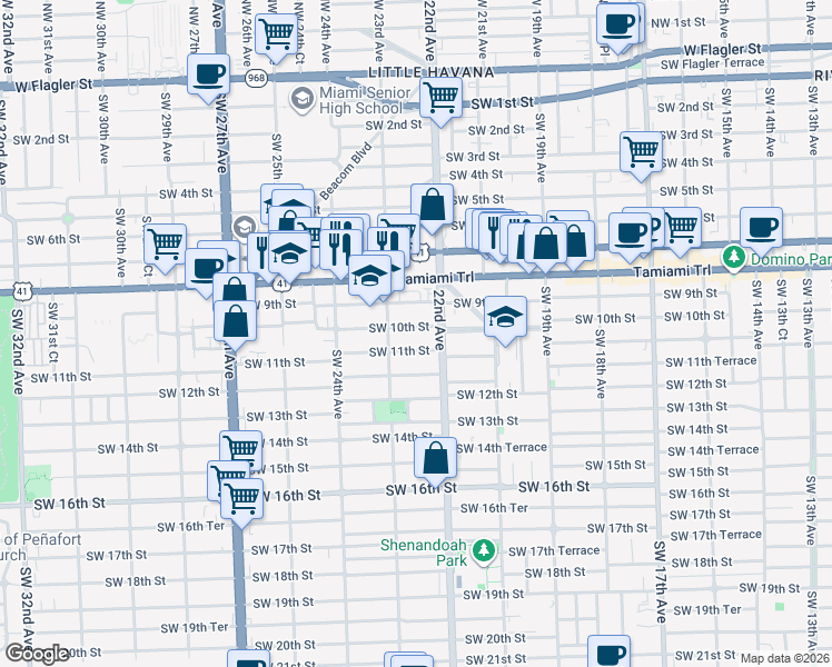 map of restaurants, bars, coffee shops, grocery stores, and more near 2253 Southwest 10th Street in Miami