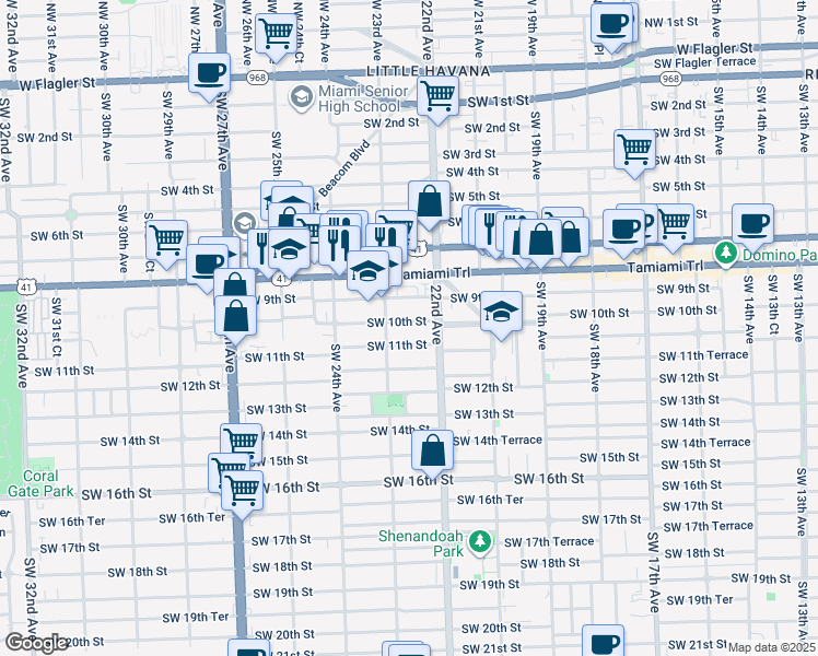 map of restaurants, bars, coffee shops, grocery stores, and more near 2253 Southwest 10th Street in Miami