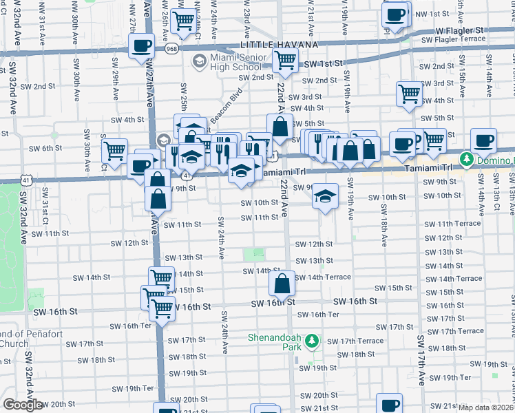map of restaurants, bars, coffee shops, grocery stores, and more near 2253 Southwest 10th Street in Miami