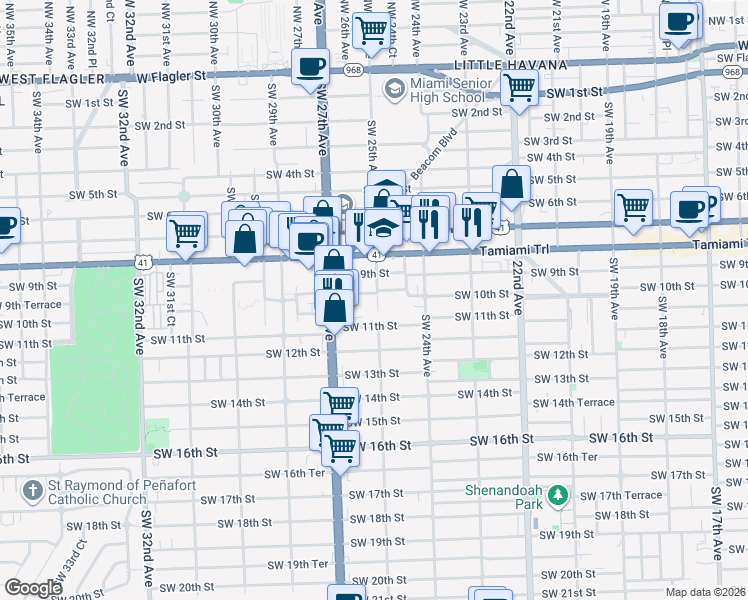 map of restaurants, bars, coffee shops, grocery stores, and more near 921 Southwest 25th Avenue in Miami