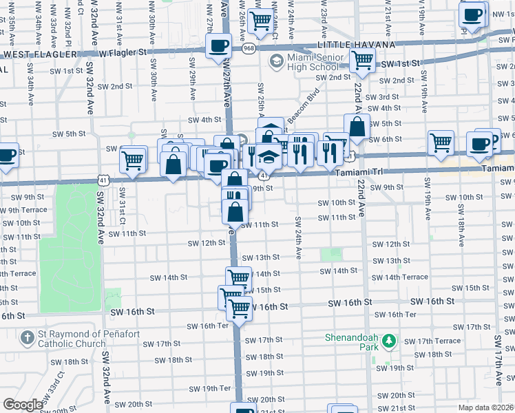 map of restaurants, bars, coffee shops, grocery stores, and more near 921 Southwest 25th Avenue in Miami