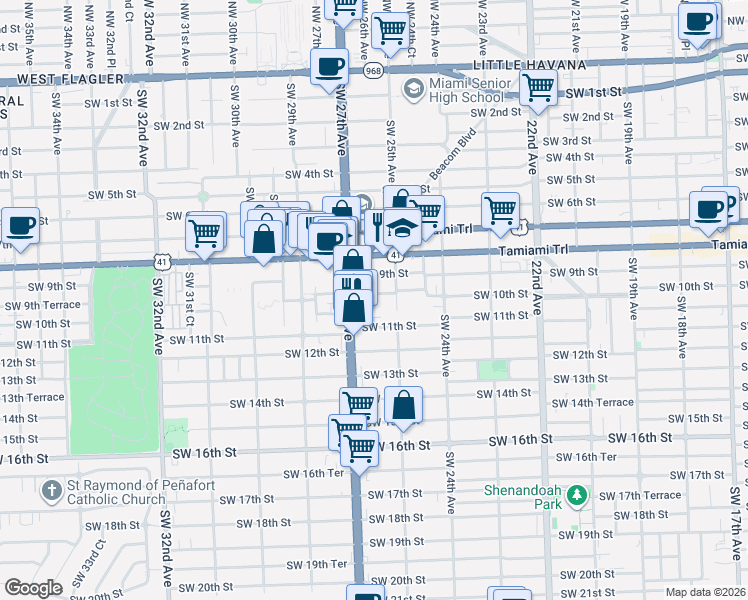 map of restaurants, bars, coffee shops, grocery stores, and more near 2601 Southwest 10th Street in Miami