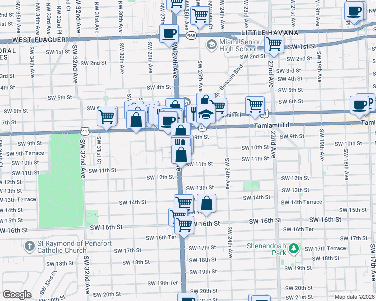 map of restaurants, bars, coffee shops, grocery stores, and more near 2601 Southwest 10th Street in Miami