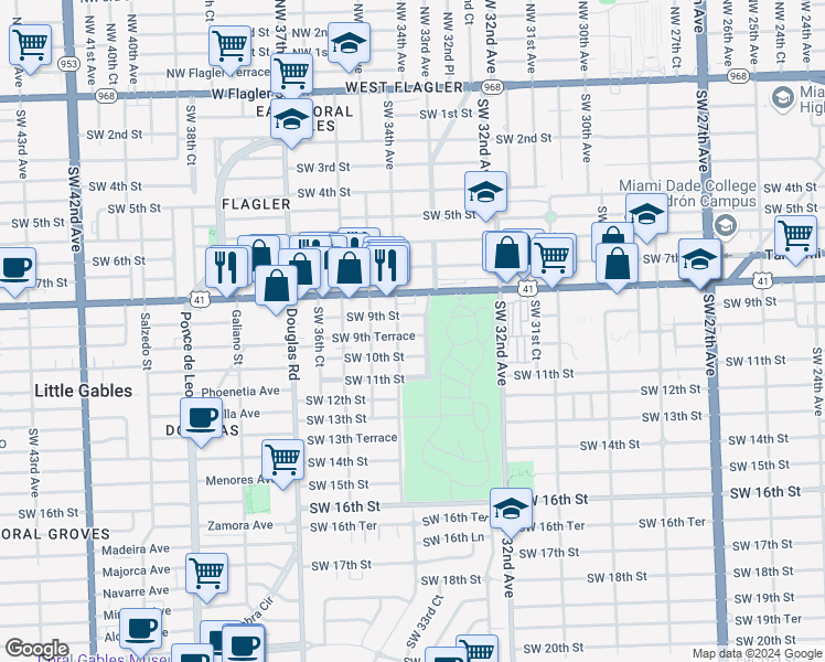 map of restaurants, bars, coffee shops, grocery stores, and more near 3300 Southwest 9th Street in Miami