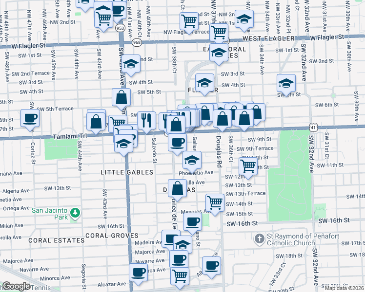 map of restaurants, bars, coffee shops, grocery stores, and more near 811 Ponce de Leon in Coral Gables