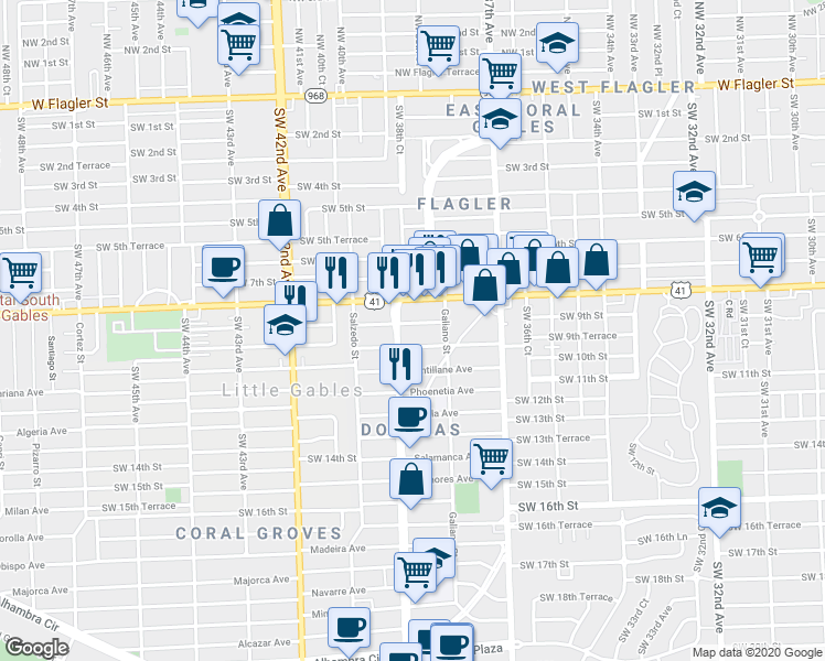 map of restaurants, bars, coffee shops, grocery stores, and more near 811 Ponce de Leon in Coral Gables
