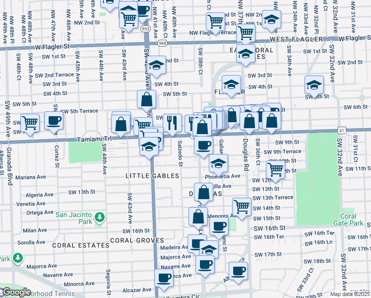 map of restaurants, bars, coffee shops, grocery stores, and more near 227 Antiquera Avenue in Coral Gables