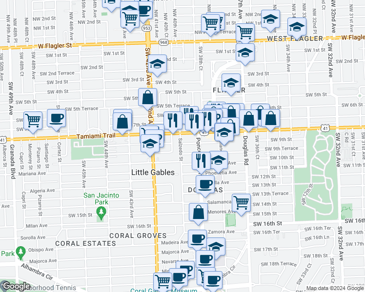 map of restaurants, bars, coffee shops, grocery stores, and more near 227 Antiquera Avenue in Coral Gables