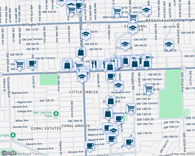 map of restaurants, bars, coffee shops, grocery stores, and more near 227 Antiquera Avenue in Coral Gables