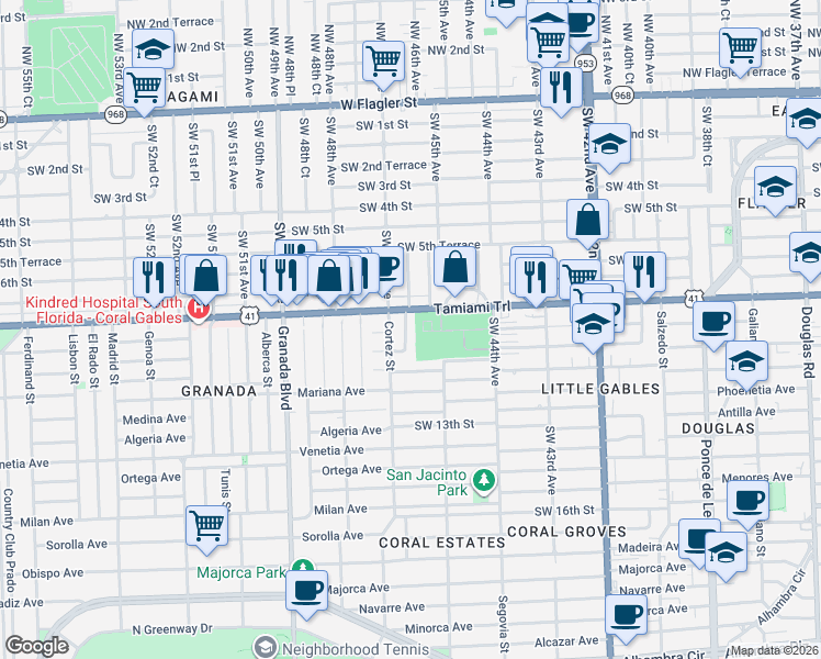 map of restaurants, bars, coffee shops, grocery stores, and more near in Coral Gables