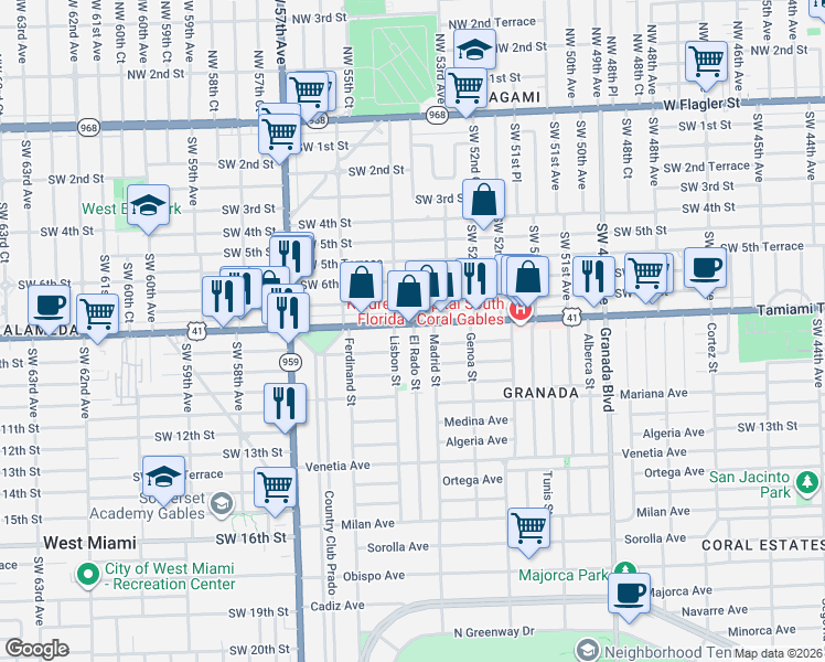 map of restaurants, bars, coffee shops, grocery stores, and more near 5407 Southwest 8th Street in Miami
