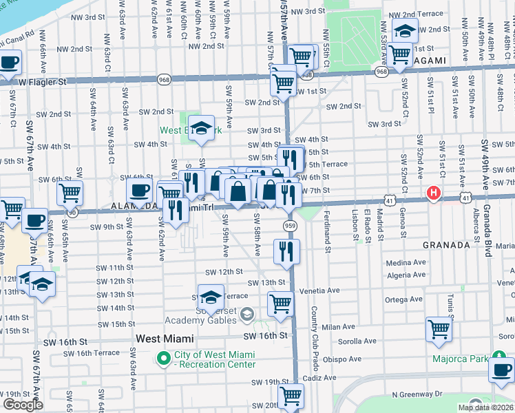 map of restaurants, bars, coffee shops, grocery stores, and more near 5840 Southwest 7th Street in Miami
