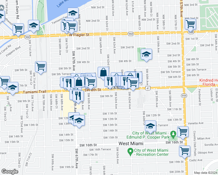 map of restaurants, bars, coffee shops, grocery stores, and more near 701 Southwest 64th Avenue in Miami