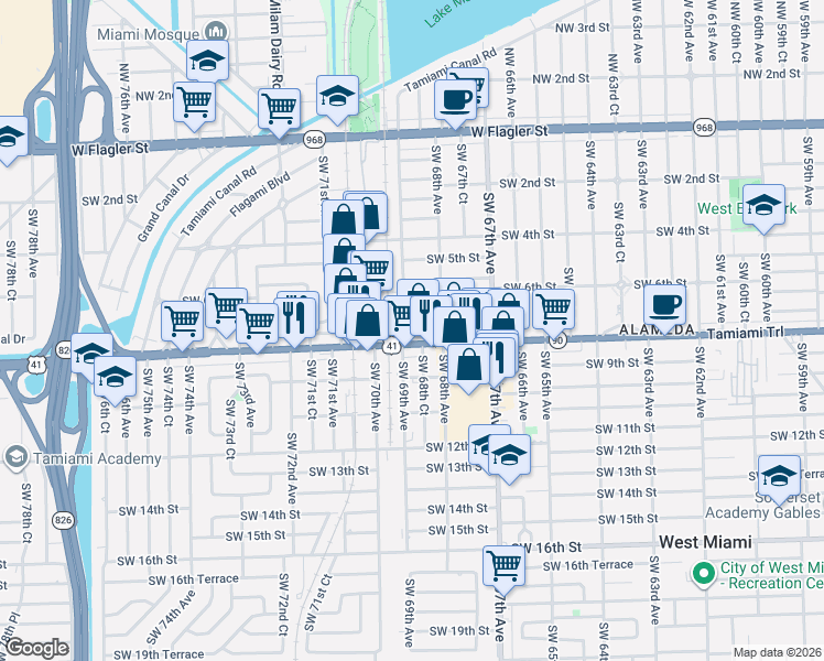 map of restaurants, bars, coffee shops, grocery stores, and more near 6841 Southwest 7th Street in Miami