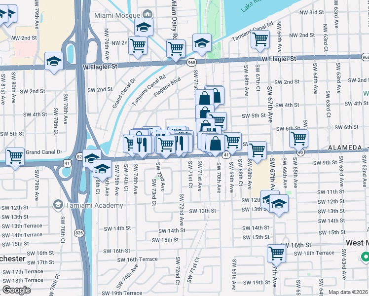 map of restaurants, bars, coffee shops, grocery stores, and more near 7161 Southwest 7th Street in Miami