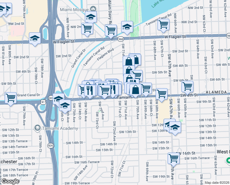 map of restaurants, bars, coffee shops, grocery stores, and more near 7161 SW 7th St in Miami