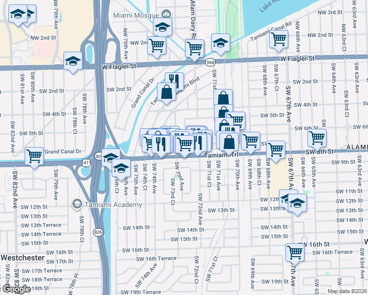 map of restaurants, bars, coffee shops, grocery stores, and more near 7241 Southwest 7th Street in Miami
