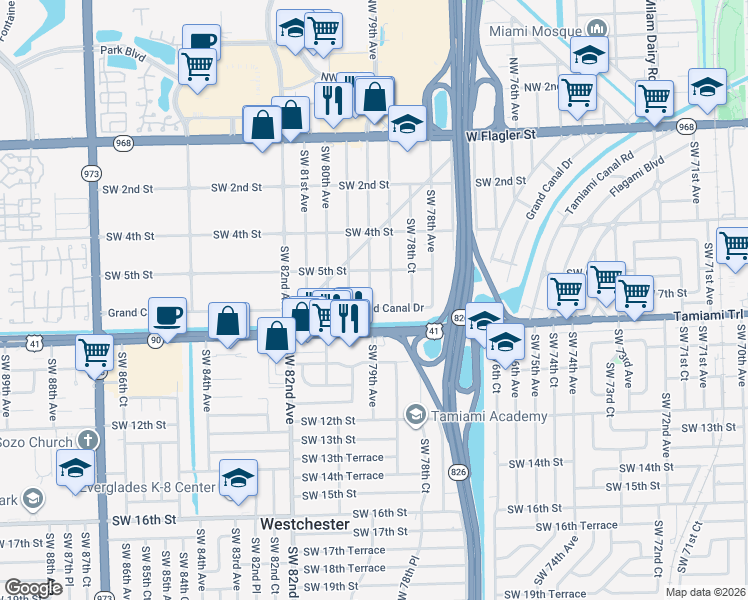 map of restaurants, bars, coffee shops, grocery stores, and more near 525 Southwest 79th Court in Miami