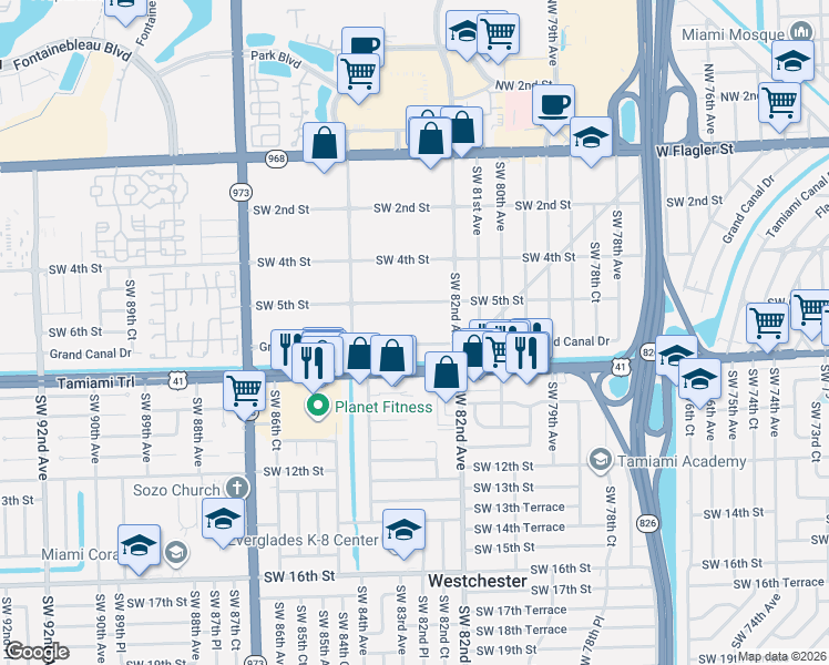 map of restaurants, bars, coffee shops, grocery stores, and more near 8280 Southwest 5th Street in Miami