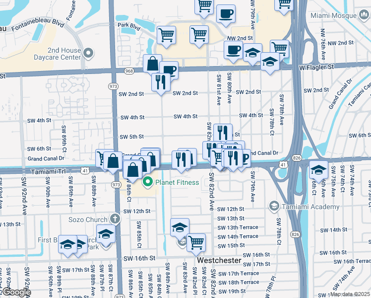map of restaurants, bars, coffee shops, grocery stores, and more near 8280 Southwest 5th Street in Miami