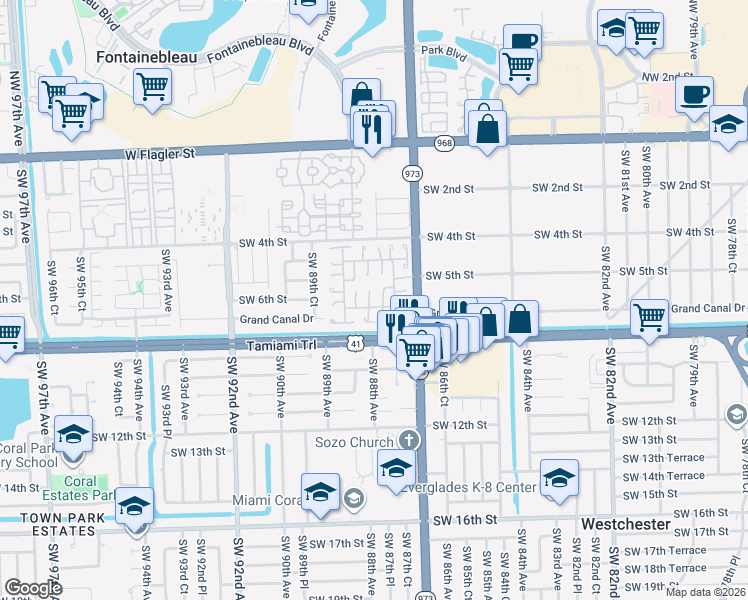 map of restaurants, bars, coffee shops, grocery stores, and more near 521 Southwest 88th Place West in Miami