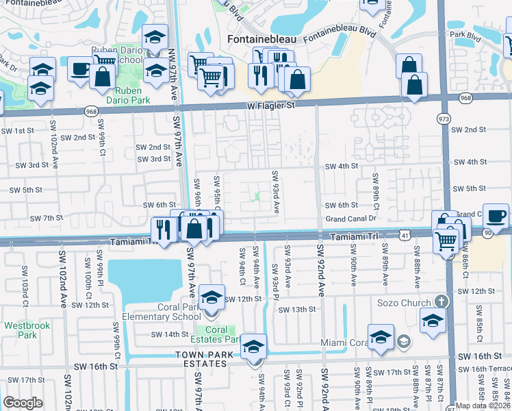 map of restaurants, bars, coffee shops, grocery stores, and more near 9320 Southwest 5th Lane in Miami
