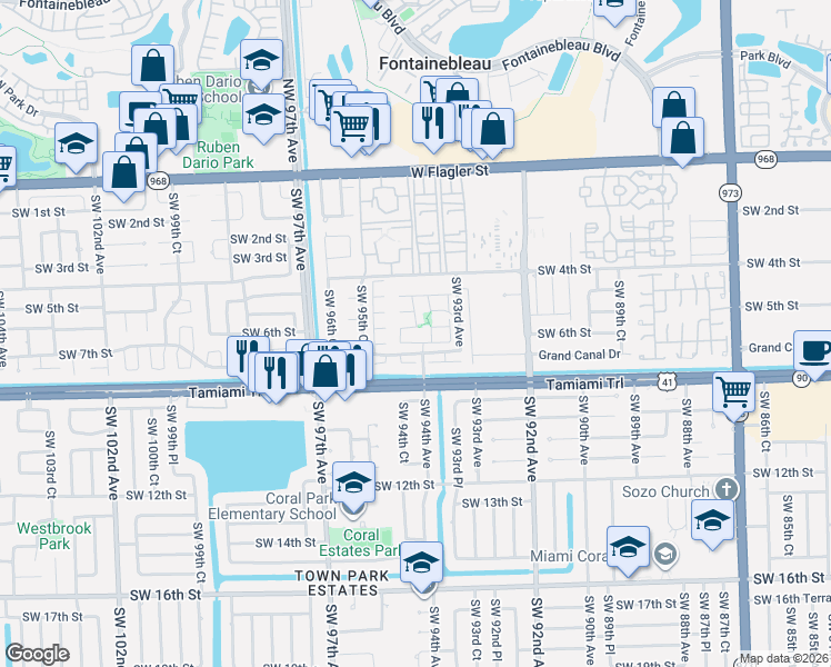 map of restaurants, bars, coffee shops, grocery stores, and more near 9426 Southwest 5th Lane in Miami