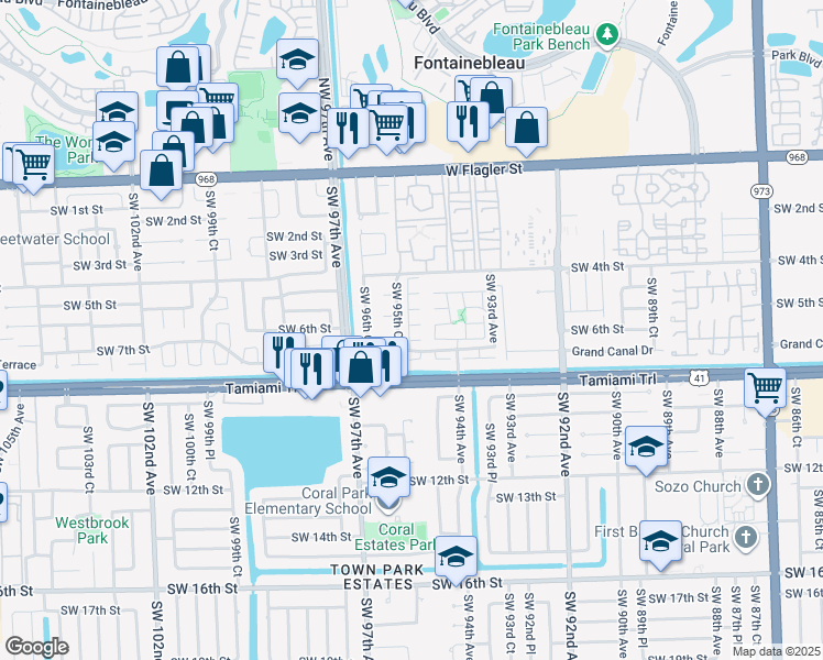 map of restaurants, bars, coffee shops, grocery stores, and more near 525 Southwest 95th Court in Miami