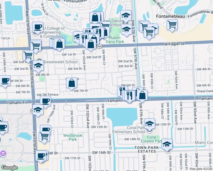 map of restaurants, bars, coffee shops, grocery stores, and more near 9950 Southwest 5th Street Circle in Miami