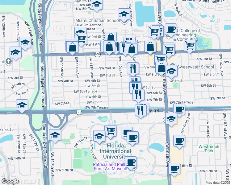 map of restaurants, bars, coffee shops, grocery stores, and more near 11107 Southwest 5th Street in Miami
