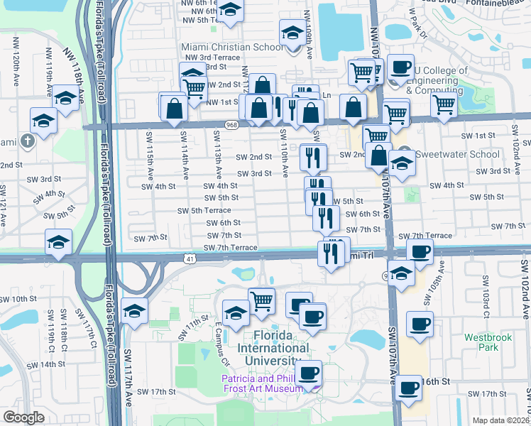 map of restaurants, bars, coffee shops, grocery stores, and more near 11107 Southwest 5th Street in Miami
