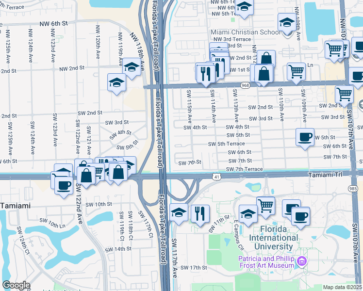 map of restaurants, bars, coffee shops, grocery stores, and more near 11530 Southwest 5th Street in Miami