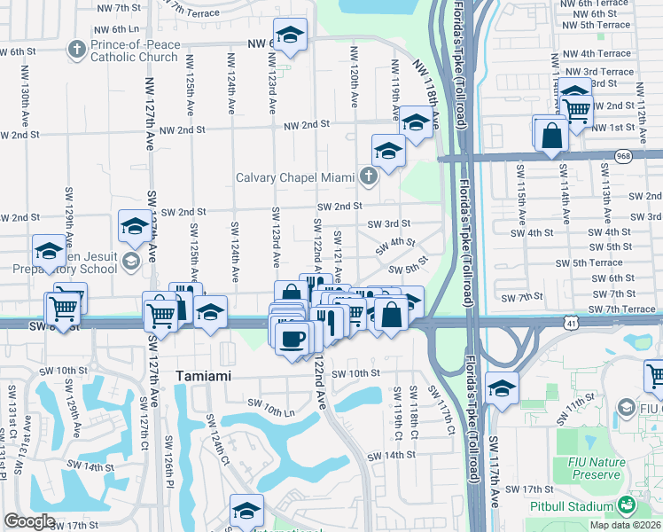 map of restaurants, bars, coffee shops, grocery stores, and more near 229 Southwest 122nd Avenue in Miami