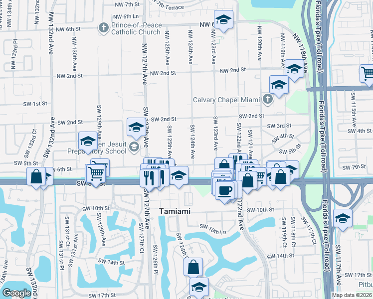 map of restaurants, bars, coffee shops, grocery stores, and more near 350 Southwest 124th Avenue in Miami