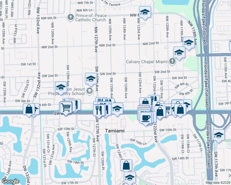 map of restaurants, bars, coffee shops, grocery stores, and more near 381 Southwest 125th Avenue in Miami