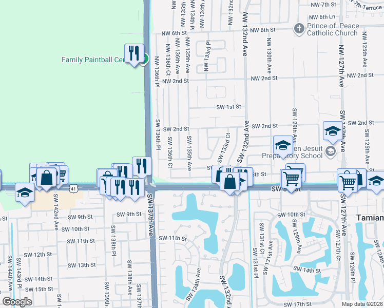 map of restaurants, bars, coffee shops, grocery stores, and more near 331 Southwest 135th Avenue in Miami